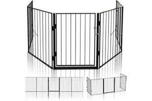 VOUNOT Kaminschutzgitter Metall, 5 Elemente inkl. Sicherheitstür, Konfigurationsgitter Faltbar, oden und Wandmontage, 300 x 75 cm, Schwarz