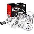 Ensemble De Cuisine Camping 9 Pièces BRAMBLE En Acier Inoxydable - Casseroles, Poêle, Assiettes Et Ustensiles Compact Pour Randonnée, Trekking & Extérieur