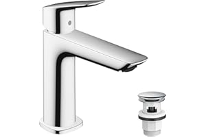 Hansgrohe Logis Armatura umywalkowa, kran łazienkowy z wylewką o wysokości 110 mm, z zestawem odpływowym Push-Open, oszczędzająca wodę armatura łazienkowa, chrom