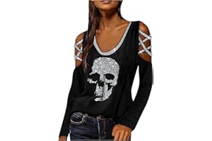 TIMEMEAN Femme Tee Shirt Haut d'halloween Chemise à épaules Dénudées Et Imprimé TêTe De Mort Chemisier Confortable à Manches Longues Et Col Bateau