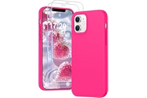 PuyaTeya 3 in 1 Hülle für iPhone 12/12 pro, mit 2 Stück 9H Panzerglas Premium Liquid Silikon Hülle, mit 4-Layer stoßfeste abriebfestes, Soft Mikrofaserfutter für iPhone 12/12 pro (Neon Pink)