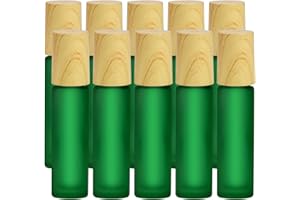 Enenes Ätherische Öle Roller Flaschen 10 Stück 10ml Anti-UV Roller Schwarzglasflaschen mit Holzdeckel & Edelstahl-Roller Ball Ätherische Öle(Grün)