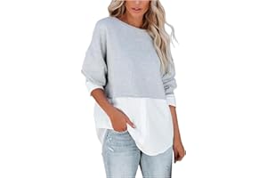 LootenKun Sweat Chemise 2 en 1 Femme Col Rond Chic Élégante À Manche Longue Pullover Sweatshirt Grande Taille Ample Leger Tops Pas Cher A La Mode