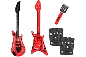 PFLYPF 4-teiliges Punk-Rock-Party-Set, aufblasbare Gitarre, aufblasbarer Bass, Handschuhe aus PU-Leder mit Nieten, 70er-, 80er-, 90er-Jahre-Disco-Kleidungszubehör, Shows, Partys.