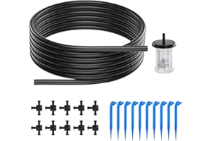 METHROP 1/4 Inch Solar Drip Irrigation Tubing,Automatic Watering System Accessories 10M Hose /10 Drip Irrigation Plug/10 T-connector and 1 Filter for Garden Outdoor Potted Plants Watering Devices