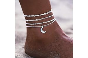 Ushiny Tobilleras bohemias en capas plateadas con diseño de luna, para verano, playa, con cuentas, para mujeres y niñas