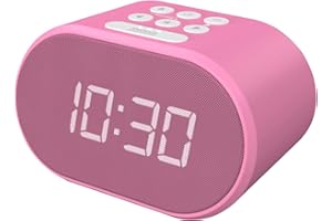 i-box Alarm Clocks Bedside, Radio Alarm Clock, Mains Powered or Battery, FM Radio, USB Charging Port, 5 Step Dimmable Display, Non Ticking, LED Display (Pink)