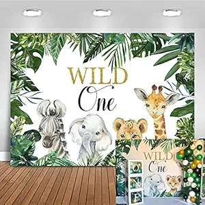 Mocsicka Wild One Backdrop Jungle Safari Animal Party Background Children Party Decoration Boys First Birthday Photography Background 7X5ft Vinyl Booth Banner Decoration