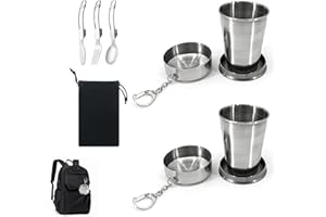 LUMOOM 2 bicchieri pieghevoli in acciaio inox, 75 ml, pieghevoli, portatili, da campeggio e da viaggio, con posate in acciaio inox (coltello, forchetta, cucchiaio)