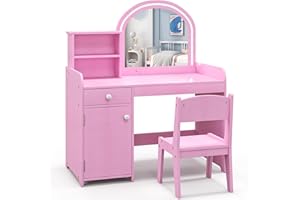 GYMAX Kids Vanity Table and Chair Set, Children Dressing Table with 2-Color LED Lighted Mirror, Drawer, Shelves and Cabinet, Wooden Girls Make up Table Set for Bedroom (Pink)