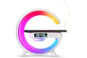 Marstey LED Table Lamp with Wireless Charger, 10 RGB Color Changing Ambient Light, Dimmable Night Light with Music Sync, Smart Lamp and Bluetooth Speaker for Living Room Bedroom