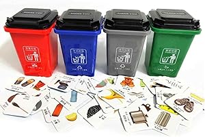 QYEW 【APPROVATO DA PEDAGOGHI】 Gioco Educativo Riciclaggio Bambini 3-8 Anni - 4 Bidoni Colorati + 108 Carte + Guida | Giocattolo Ecologico per Imparare Differenziata (Plastica/Carta/Vetro/Organico)