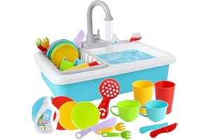 WISHTIME Pretend Play Kitchen Sink Toys Pretend Play Wash Up Kitchen Toys Kitchenware Press Water Faucet & Drain Plastic Dishwasher Playing Toy Set For Boys Girls （Real Working Faucet & Drain ）