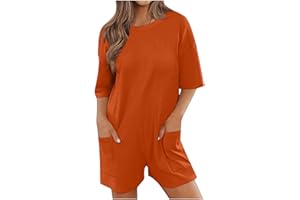 Keepink Oversized Rompers for Women 2024 Summer Casual Short Jumpsuits Half Sleeve Crew Neck Loose T-Shirt Romper with Pockets Athletic Workout Onesie Ladies Short Overalls Trendy