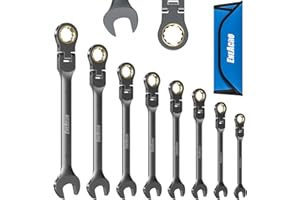 ENEACRO Set di chiavi combinate a cricchetto da 8 pezzi, set di chiavi antiscivolo a testa flessibile, metriche da 8 a 19 mm, 72 denti, struttura in Cr-V, nichelatura con borsa di stoccaggio