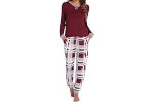 Ekouaer Pyjama Femme Ensembles de Femme Automne Hiver Nuit à Manches Longues à Carreaux Vêtement d'Intérieur 2 Pièces pour Femme