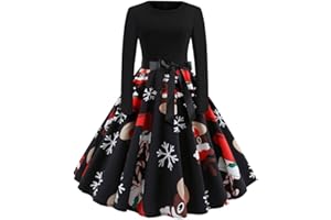 SUSENSTONE Femme Robe SoiréE Vintage 1950'S Audrey Hepburn Noel Imprimé Manches Longues avec Ceinture, VêTements Deguisement Robe Halloween Noel Femme Longue Swing Robe De Cocktail