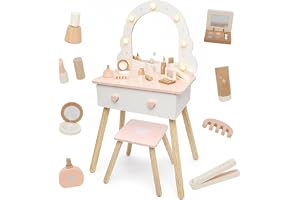 Nene Toys Sminkbord för barn med pall och upplyst spegel | Toalettbord av trä med 3 ljuslägen, lådor och tillbehör - för fantasifulla rollspel från 3 år