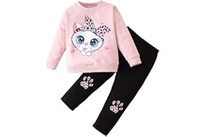 QHKEPW Girls Outfits Set Kids Clothes Cat Rainbow Love Heart Toddler Clothing Long Sleeve Sweatshirt T-Shirt Tops Leggings Trousers Round Neck 1-9 Years Old