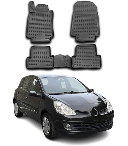 Tapis Voiture Sur Mesure Renault Clio 3 (2005-2012) - Set 4 Pièces Moquette Noire, Broderie RS, Antidérapant - Fabriqué En Italie