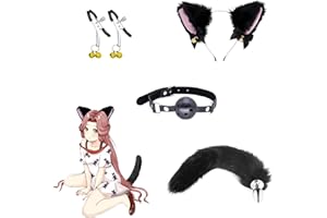 Quintrost 4 Piezas Plugs Anals de Acero Inoxidable con Cola de Zorro, BDSM Masturbador de Ano con Pinzas para Pezones, Collar y Orejas de gato SM Juguete Sexual Butt Plug para Parejas Cosplay