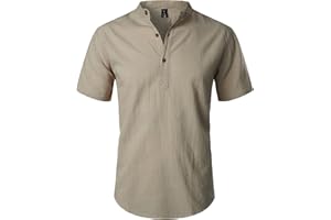 LucMatton Men's Casual Cotton Linen Short Sleeve Henley Shirt Summer Lightweight Banded Collar Beach Tops