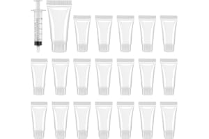 PSYQTSUARY Lot de 20 tubes vides rechargeables de 5 ml - Flacons de voyage portables avec seringues - Tubes de dentifrice transparents - Récipients souples à presser pour shampooing, maquillage, nettoyant pour
