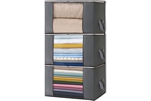 Boic 3 Piezas Cajas Almacenaje Ropa, 90L Cajas Almacenaje Plegable, Bolsas Para Guardar Ropa Con Mango Reforzado Para Guardar, Edredones, Mantas, Gris