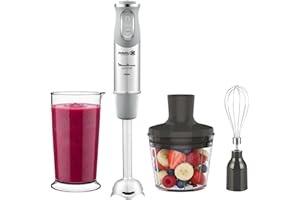 Moulinex QuickChef, Batidora de Mano 1000 W, Regulador de 10 Velocidad Turbo, 3 Accesorios para Picar y Montar y Vaso Medidor, Cúpula Antisalpicaduras, Acero Inoxidable, DD655D