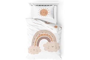 MTONLINEHANDEL Kinderbettwäsche Biber/Flanell · Baby-Bettwäsche "Little Sunrise" weich & kuschelig für Mädchen und Jungen · 100% Baumwolle · Sonne, Wolke & Regenbogen · Bettbezug 100x135 + Kissenbezug 40x60 cm