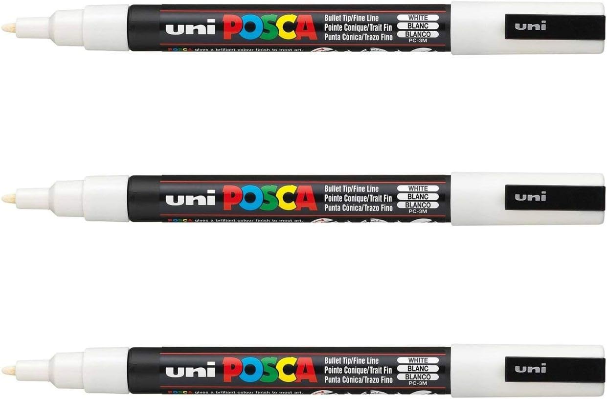 POSCA Mitsubishi Pencil - 3 Marqueurs Blanc PC3M - Pointe Conique Pointe Fine - Marqueur Peinture à Base d'Eau - Tout Support - Pour Papier, Textile, Verre, Galet, Bois, etc.