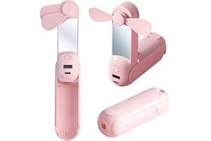 CNMTCCO Handventilator, 5 in 1 Mini Ventilator, Wiederaufladbar, USB-Ventilator, faltbar,mit Schultergurt, Powerbank, Taschenlampe, Spiegel und Handyhalterung für Büro, Außenbereich