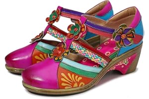 CrazycatZ Leder Mary Jane Halbschuhe Blockabsatz Bunte Schuhe Bohemian Jahrgang Halbschuhe