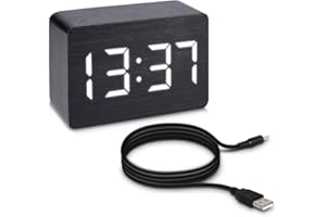 kwmobile Wecker Uhr in Holzoptik digital - Digitalwecker Anzeige von Uhrzeit Temperatur Datum - Alarm Clock mit USB Kabel in Schwarz mit weißen LEDs
