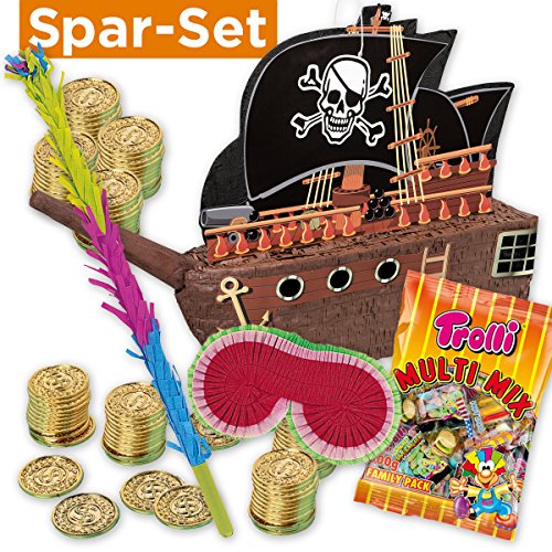 PINATA-SET: Pinata Piratenschiff + 144 Goldmünzen + Schläger + Maske + Süßigkeiten-Füllung