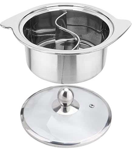 Pentola Shabu-shabu Divisa In Acciaio Inox 27 Cm – Doppio Manico, Cucina Due Sapori Contemporaneamente, Adatta A Gas E Induzione, Con Mestolo Forato