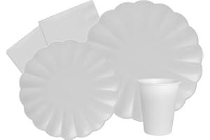 Ciao Kit Vajilla de Fiesta Flower Shape para 8 personas (44 pcs: 8 platos Ø23cm, 8 platos Ø18cm, 8 vasos 250ml, 20 servilletas 33x33cm) de papel compostable eco-friendly, blanco