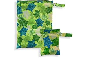 FILO FUCHS 2er Set Wetbags mit süßen Motiven - wasserfeste wiederverwendbare Nasstasche mit Reißverschluss als Beutel und Organiser für Babys, Windeln Schwimmsachen Schmutz Wäsche (Grün - Schildkröte)