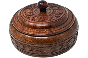 Ajuny Caja de Especias de Madera de 8x8 pulgadas Organizador Redondo Decorativo para Masala Dabba con Tapa Tallada, 4 Compartimentos, Contenedor para Especias Indias para el Hogar y la Cocina