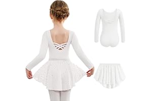 Arshiner Ballet Clothing Vestito da Ballo Senza Schienale in Cotone per Ragazze Body da Balletto Body da Ballo a Maniche Lunghe con Gonna in Chiffon Irregolare Tutu Body da Ballo 2-10 Anni