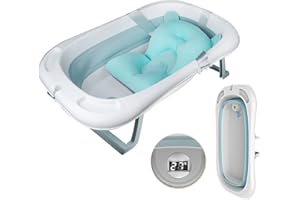 Sinbide Bañera para Bebé y Niño con Indicador de la Temperatura Bañera Plegable para Niños con Cojín de Baño Suave y Taburete Antideslizante de Baño (Azul)
