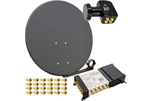 Premium X Satelliten-Komplettanlage 80cm Satellitenschüssel Anthrazit Multischalter 5/8 Quattro LNB 24 F-Stecker, 1 SAT für 8 Teilnehmer