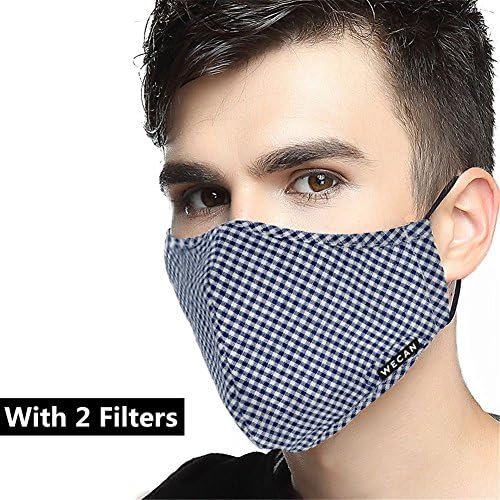 N95 Mask,XinGe Anti Pollution Mask Anti Dust Military Mask Grade N99 Mask Adjustable Washable Cotton Mouth Masks Replaceable Filter(1 Mouth Mask + 2 Filters) (Men-Blue and white grid)