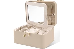 KAMIER Pudełko na biżuterię, 2-warstwowe pudełko na biżuterię ze skóry PU, duża pojemność, podwójny zamek i duże lustro, ukryte haczyki na naszyjnik, zdejmowane przegrody, opakowanie na prezent,