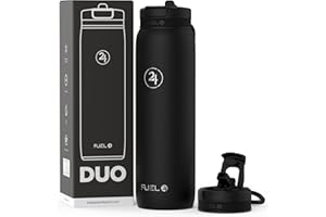 Fuel24 Duo - Stainless Steel Water Bottle 700ml or 1L - Vacuum Insulated Metal Flask with Straw (Dual use Lid) 1 Litre - for Sports, Gym, Work – Slim Design (Carbon, 1000 ml)