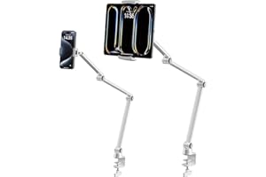 LULULOOK Soporte para Tablet,Soporte de Aluminio para iPad con Brazo Largo Extensible,360° Ajustable Soporte de Mesa para 4,7-13'' Tablet/iPad Pro M4 2024/Galaxy Tabs/Phones/Switch/Kindle (2 Clips)