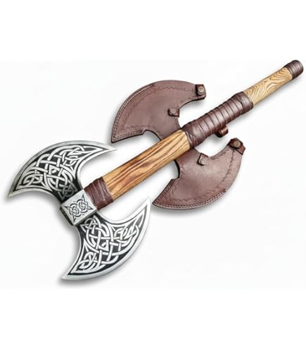 Novahaven Ragnarök Handgesmede outdoor bijl, 56 cm, cadeau en verzamelstuk van koolstofstaal met gesneden essenhouten handvat, wolf- en draakdesign, lederen schede voor camping
