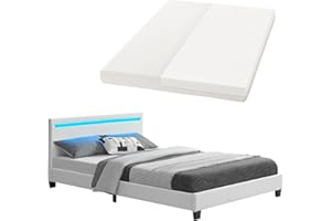 ‎JUSKYS Juskys Polsterbett Paris 140x200 cm mit LED Beleuchtung, Matratze, Lattenrost & Kopfteil - Kunstleder & Holz - weiß - Bett Jugendbett Bettgestell