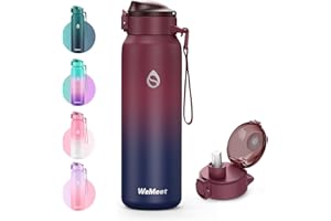 WEMEET Trinkflaschen Edelstahl mit Abnehmbare Strohhalm 1 Liter, [18/10 Edelstahl] Wasserflasche mit Removable Gurte, Auslaufsicher Doppelwandig für Outdoor, Arbeit, Kinder, Schule ROT SCHWARZ