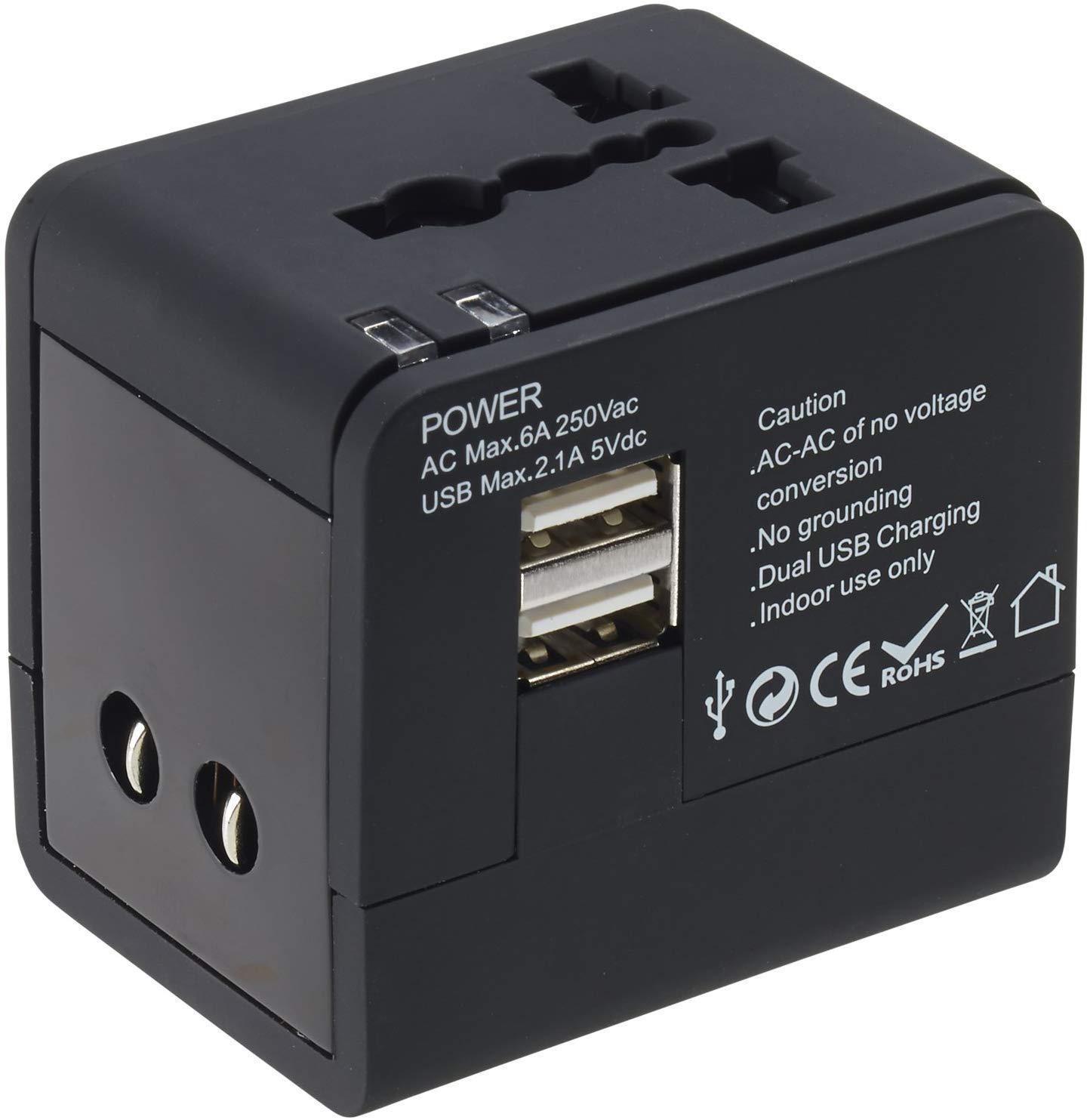 PRV Universal Travel Adapter Dual USB Charger Port for International Travel Worldwide Charger Socket Plug for Phone Laptop Digital Camera for EU Europe UK USA (Black)